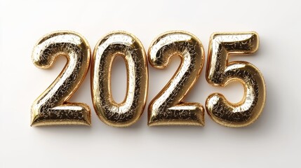 3D Embossed  Golden "2025" on White background,Concept of 2025 new year, luxury, exclusivity, celebration, future, anticipation, time, milestone, achievement.