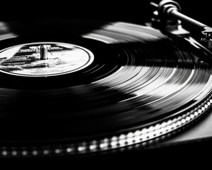 Close-up of a spinning vinyl record, showcasing the grooves and shine, evoking a sense of nostalgia.