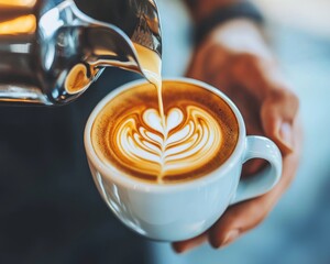 Barista pouring steamed milk into a white cup, creating an intricate latte art design.
