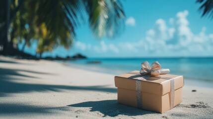 Naklejka premium Wrapped Present on Sandy Shore