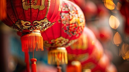 Mesmerizing close up of colorful red Chinese lanterns featuring intricate gold patterns and beautiful tassels enhancing the festive mood and highlighting the rich traditions of cultural celebrations