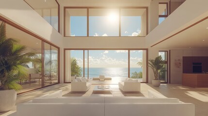 Fototapeta premium Modern Minimalist White Coastal Living Room with Panoramic Sea Views.Concept of modern living, coastal lifestyle, panoramic views, minimalist design, luxury home interior.