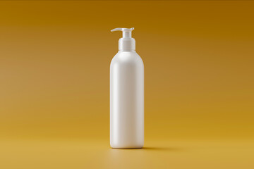 A white bottle with a pump standing upright with the warm background, useful for mockup packaging