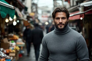 Fototapeta premium Man with Beard in Grey Turtleneck Standing in Busy City Street