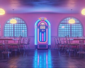 A vibrant, retro diner interior featuring a colorful jukebox against a pastel backdrop, evoking nostalgia.