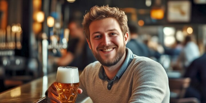 A cheerful young man enjoying a cold beer at a cozy bar. The warm atmosphere creates a relaxed vibe. Perfect for social gatherings and nightlife themes. AI