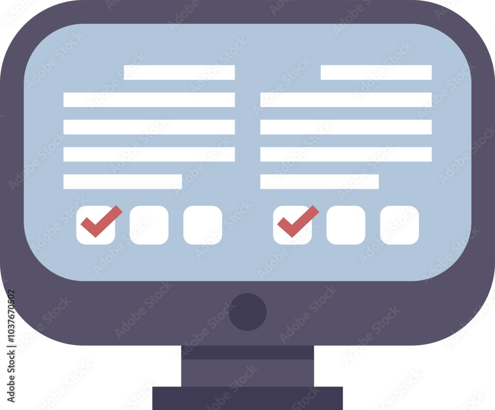 Poster desktop computer is showing an online survey with multiple choice questions and two checkmark signs,