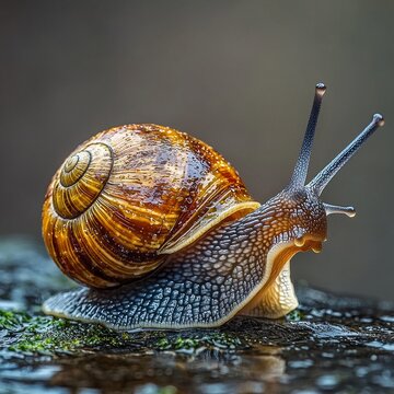 A close-up of a beautiful brown and gold striped snail on a mossy surface, showcasing its delicate features.