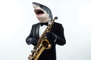 Naklejka premium Whimsical shark in tuxedo serenading with saxophone in minimalist style on white background isolated