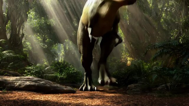 Tyrannosaurus rex dinosaur is chasing a saber tooth tiger through a dense jungle as sunbeams illuminate the forest floor
