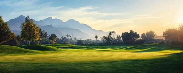 A serene golf course panorama with vibrant greens and a distant mountain backdrop.