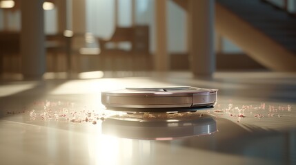 Fototapeta premium Close up of a contemporary robot vacuum cleaner on the floor amidst stylish white furniture