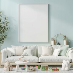 Naklejka premium 「青い壁に真っ白な額縁のモックアップ、白いソファと床に置かれた木のおもちゃのあるミニマリストのリビングルームのインテリア」