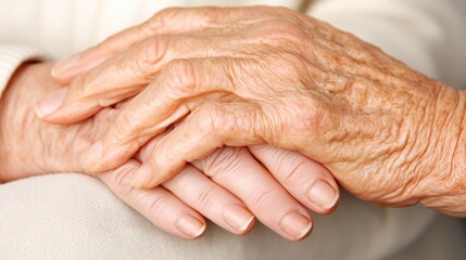 Fototapeta premium Elderly hands gently resting on younger hands, symbolizing care and connection, AI