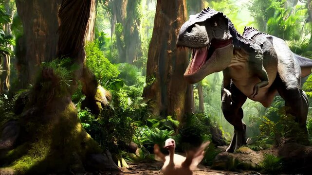 Tyrannosaurus rex dinosaur is chasing a Dodo bird through a lush jungle, showcasing the dangers of the prehistoric world