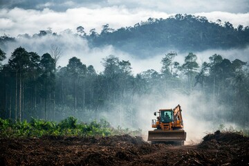 Fototapeta premium Bulldozer Clearing Rainforest Under a Misty Sky