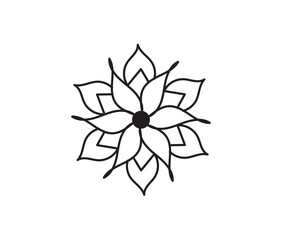 Black outlined flower, mandala design on a white background for various purposes