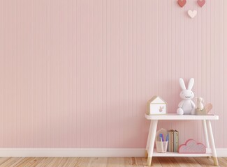 「パステルピンクの可愛らしい子供部屋インテリア。ウサギと家の装飾を配した子供部屋のモックアップ。アート作品、ポスター、プリント用の空白の壁」