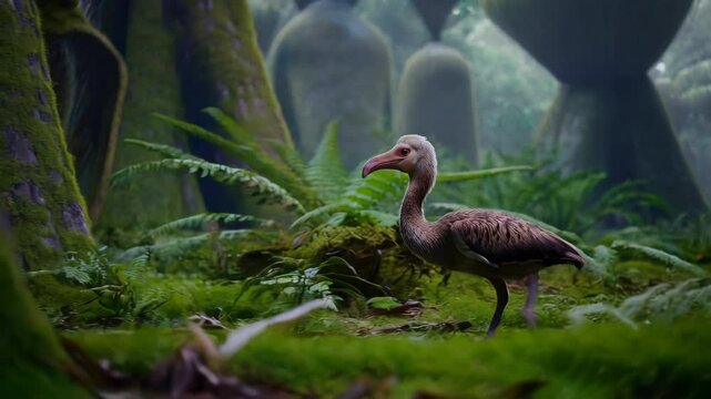Extinct prehistoric Dodo bird gracefully strolls through a vibrant jungle filled with lush ferns and moss covered rocks