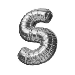 S. Letter S in the form of a foil balloon isolated on a transparent background. PNG 3D render. Letter of the Latin alphabet. Silver volumetric letter with matte texture.