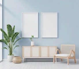 「2つの白い額縁、木製キャビネット、スタイリッシュなアームチェアを備えたモダンなミニマルインテリア。青い壁が個性的なデコレーションの落ち着いた背景となっている」