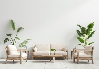「白いソファ、2つのアームチェア、コーヒーテーブル、観葉植物を白い壁に配したミニマルなリビングルームインテリア」
