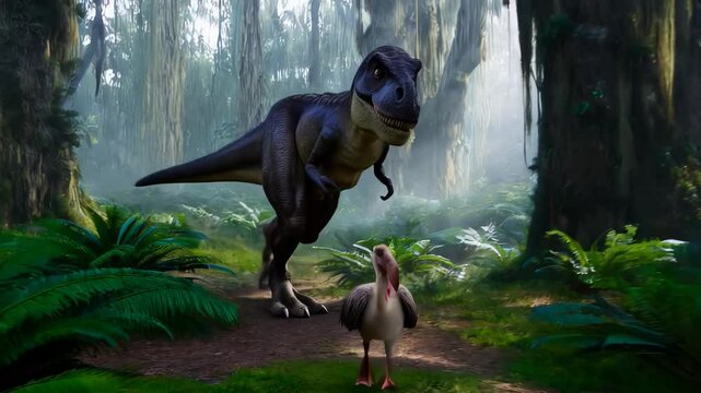 Tyrannosaurus rex is taking a stroll through a prehistoric jungle running after a Dodo bird. The sun is shining through the trees on a beautiful day in the cretaceous period