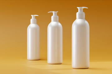 Three white bottles with pumps standing on a yellow surface, useful for mockup design