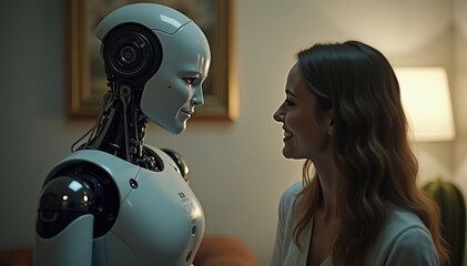 Artificial Intelligence in the Home Woman Examines Humanoid Robot Companion