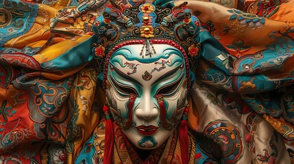Fototapeta premium A vibrant Chinese opera mask featuring elaborate designs and colors beautifully displayed against a rich embroidered fabric background showcasing the depth of cultural heritage and artistic expression