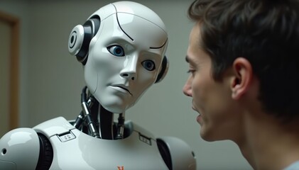 Humanoid Robot Interacts with Man in Office Setting