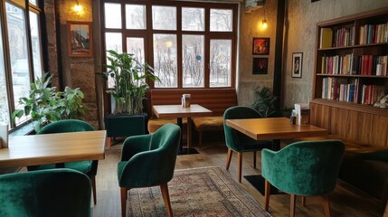 Rahva Raamat Bookstore Cafe. Wooden tables and velvet green seats provide a cozy ambiance.