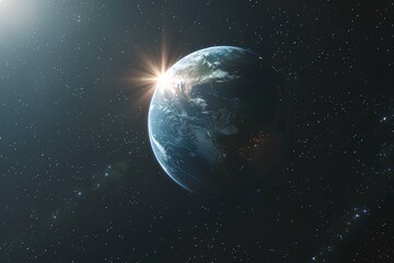 A view of the earth from space with the sun in the background