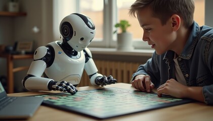 Friendly Gaming Session: Boy and Robot Playing Board Game at Home