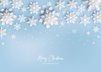 2025 Christmas and New Year background. Paper snowflakes xmas decorations. White and blue colors