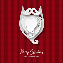 Merry Christmas greeting card with paper Santa Claus beard and mustache.