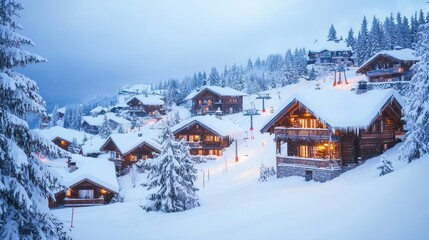 Beautiful View of a Ski Resort with a Traditional Wooden Chalet in Stunning Winter Scenery