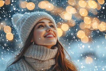 Fototapeta premium Beautiful Woman in Warm Knitwear Enjoying a Winter Wonderland, Capturing the Joy of the Festive Season