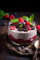 Glass with chia pudding on the table. Healthy food