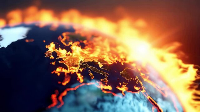 Earth globe under extreme heat of the sun, Europe burning into flame, destroyed by fire, global warming, temperature increase, climate change disaster