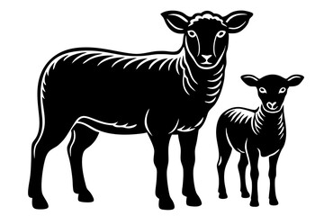 A Ewe with her two lambs in front of a white background