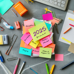 2025 motivational quote on sticky notes on the table - you can do it. And positive kindness words as New Year resolutions for personal growth to be a better person. Flat lay still life. © Maria Marganingsih