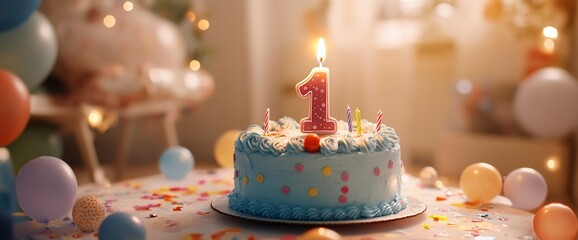 A single lit candle on a blue and white birthday cake with colorful sprinkles and balloons.
