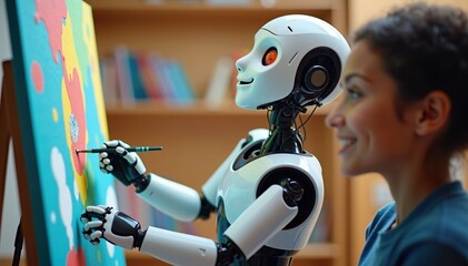 Robot Artist at Work in Vibrant Creative Space