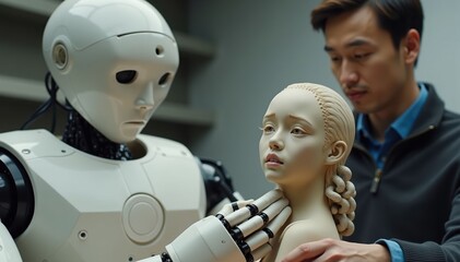 Researcher Examines Advanced Mannequin Head in Development Lab