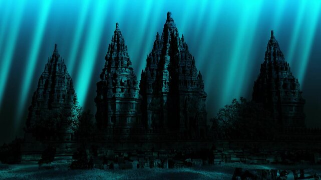 Ancient temple in the sea under water in the moving rays of the sun. Ancient temple on the ocean bottom in the rays of light. 4k 3d animation 60 fps.