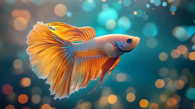 Elegant gold Thai rosetail betta fish isolated on a colorful backdrop