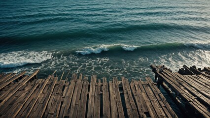 Fototapeta premium Destroyed coastal pier, weathered by the elements, disappearing into the vast ocean
