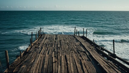 Fototapeta premium Destroyed coastal pier, weathered by the elements, disappearing into the vast ocean
