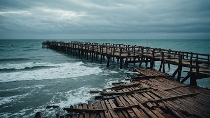 Obraz premium Destroyed coastal pier, weathered by the elements, disappearing into the vast ocean